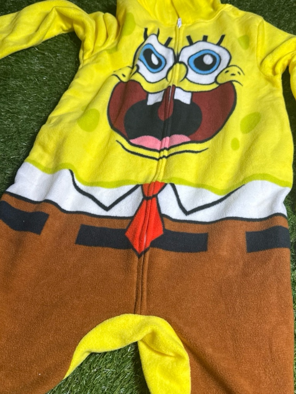 SpongeBob Squarepants Yellow & Brown Kids Fleece Footie with Red Tie Graphic